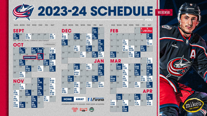 Grey graphic with large blue text at the top reading 2023-24 Schedule. Full Blue Jackets game schedule is below. Photo of Blue Jackets player, Zach Werenski, to the right on blue background. Mike's Hard Lemonade logo in the bottom right corner.