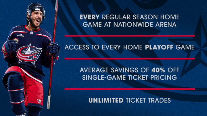 Blue graphic with photo of Blue Jackets player, Johnny Gaudreau, to the left. Grey text to the right reads: Every Regular Season Home Game At Nationwide Arena. Access to Every Home Playoff Game. Average Savings of 40% Off Single-Game Ticket Pricing, and Unlimited Ticket Trades.