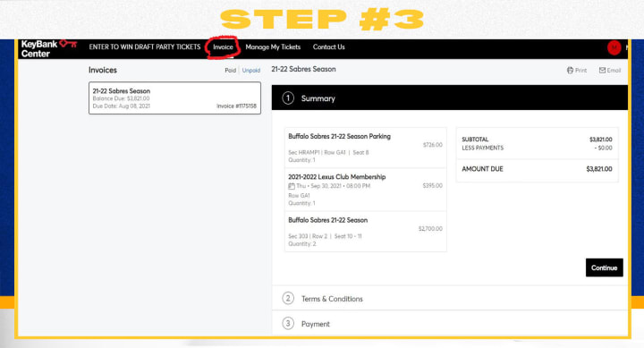 Desktop invoice step 3, once logged in, choose invoice in the upper left of your screen, your invoiced items will be listed here. click continue