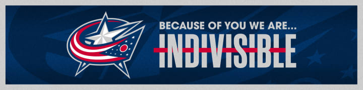 Blue graphic with grey border. Blue Jackets primary logo to the left, large grey text to the right reads Because of you we are... Indivisible.