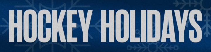 Blue header with snowflake overlay. Large grey text reads Hockey Holidays.