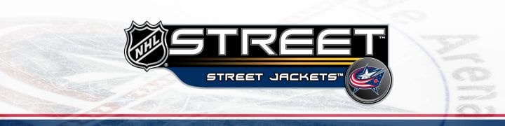 NHL Street Hockey, Street Jackets logo on top of photo of Columbus Blue Jackets center ice logo with a white overlay.