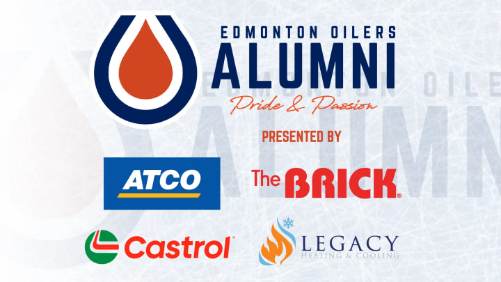 Promotional graphic for the "Edmonton Oilers Alumni" event. The background features a subtle ice texture. At the top, "EDMONTON OILERS" appears in blue, followed by "ALUMNI" in large, bold letters. Below, "Pride & Passion" is written in smaller orange font. Sponsor logos are displayed underneath: ATCO (blue box, white text, yellow line), The Brick (red logo, white text), Castrol (circular green and red logo), and Legacy Heating & Cooling (flame and snowflake icon, dark blue text). The overall design highlights the hockey theme and event sponsors.