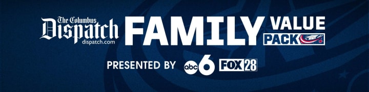 Blue header with Columbus Dispatch Family Value Pack logo. Text and logos reading Presented by ABC6 and FOX 28 is below.