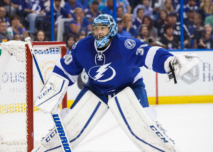 Goalie Ben Bishop #30 of the Tampa Bay Lightning shouts to teammates against the New York Islanders during the second period of Game Five of the Eastern Conference Second Round in the 2016 NHL Stanley Cup Playoffs at the Amalie Arena on May 8, 2016 in Tampa, Florida. (Photo by Scott Audette/NHLI via Getty Images)