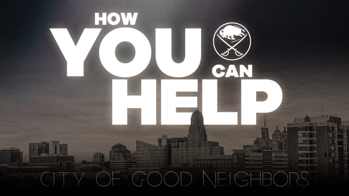 A grayscale image of the Buffalo Skyline with the text How you can help and city of good neighbors