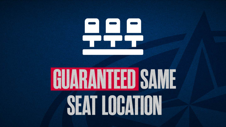 Blue graphic with grey text reading Guaranteed Same Seat Location. White icon at top showing a row of seats.
