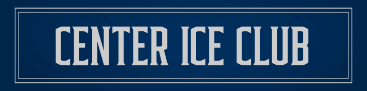 Blue graphic with thin grey border. Large grey text at center reads Center Ice Club.