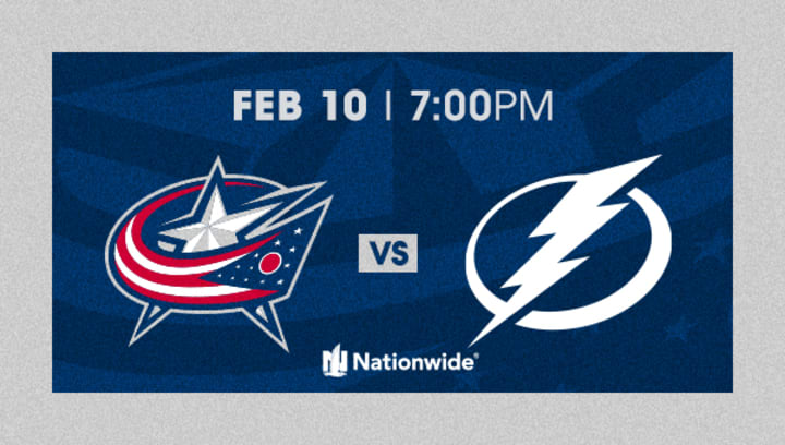 Blue graphic with grey border. Large Columbus Blue Jackets logo and Tampa Bay Lightning logo side by side separated by a grey box with blue text reading VS. Grey text at the top reads FEB 10 | 7:00PM. White Nationwide Insurance logo at bottom.