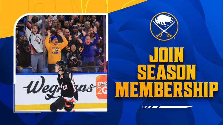 Join Season Membership graphic with a picture of Peyton Krebs in a black and red jersey by the boards with fans celebrating