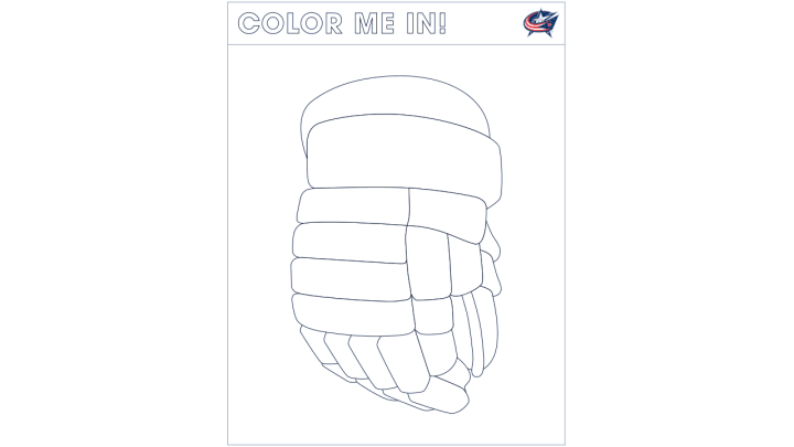 Coloring page of a hockey glove. Large text at the top reads Color Me In!