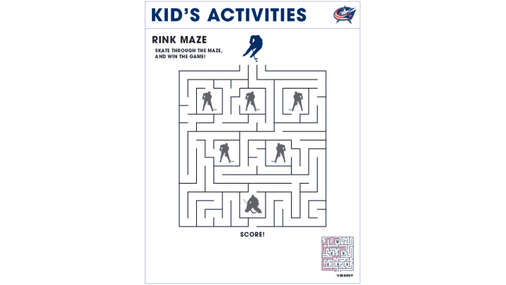 Blue Jackets rink maze page on white background. Large blue text on the top reads Kid's Activities.