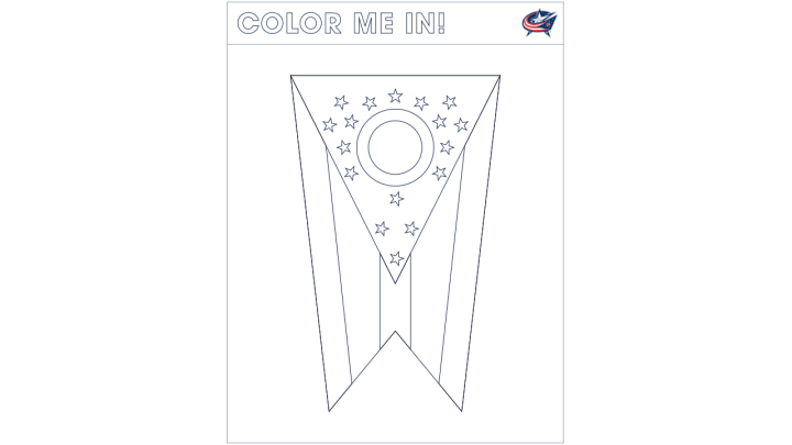 Coloring page of the Ohio flag. Large text at the top reads Color Me In!