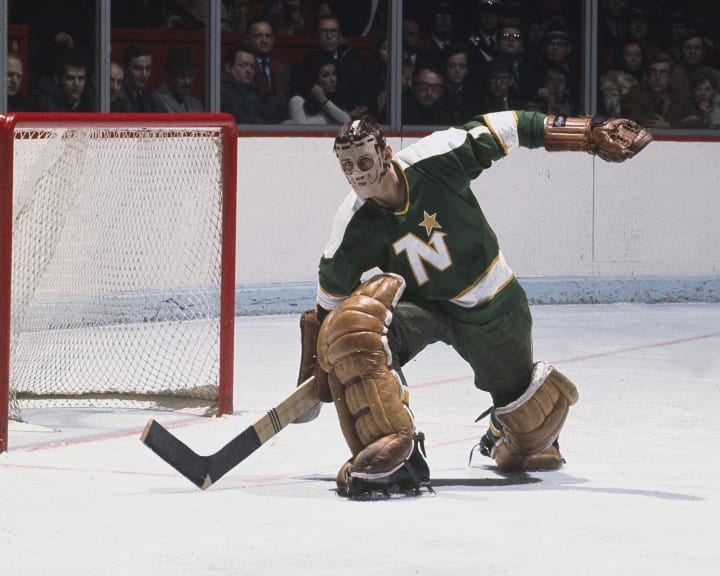 Cesare Maniago #30 of the Minnesota North Stars makes a save Circa 1970 at the Montreal Forum in Montreal, Quebec, Canada. (Photo by Denis Brodeur/NHLI via Getty Images)