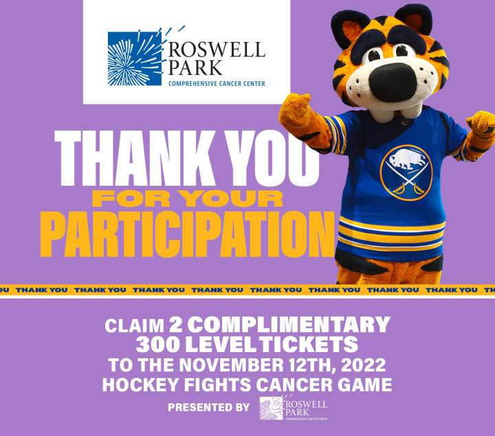 Picture of Sabretooth on a poster with a light purple background. Text saying "Thank you for your participation" with the Roswell Park logo