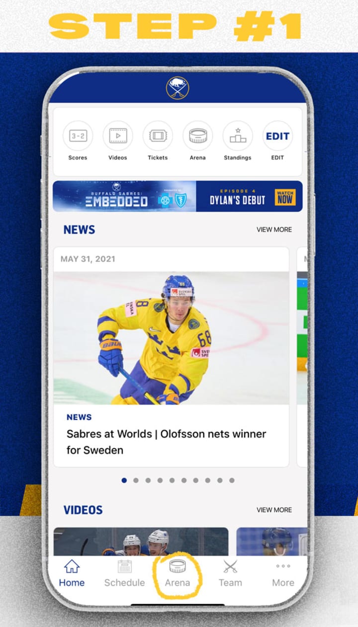 Account manager step 1, open the Sabres app and choose the arena tab, select ticketmaster account manager