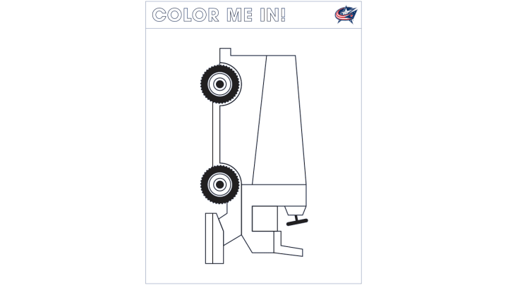 Coloring page of a zamboni. Large text at the top reads Color Me In!