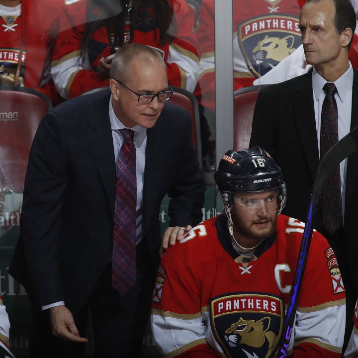 Florida Panthers Head Coach Paul Maurice chats with Aleksander Barkov #16 during a break in the action against the Carolina Hurricanes in Game Four of the Eastern Conference Final of the 2023 Stanley Cup Playoffs at the FLA Live Arena on May 24, 2023 in Sunrise, Florida. (Photo by Eliot J. Schechter/NHLI via Getty Images)