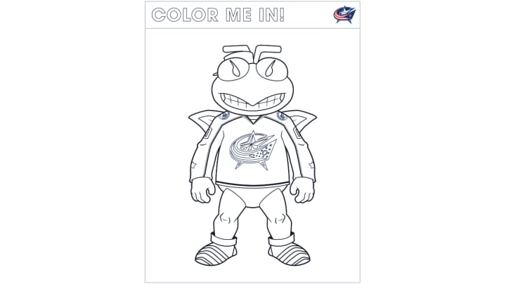 Coloring page of Blue Jackets mascot, Stinger. Large text at the top reads Color Me In!