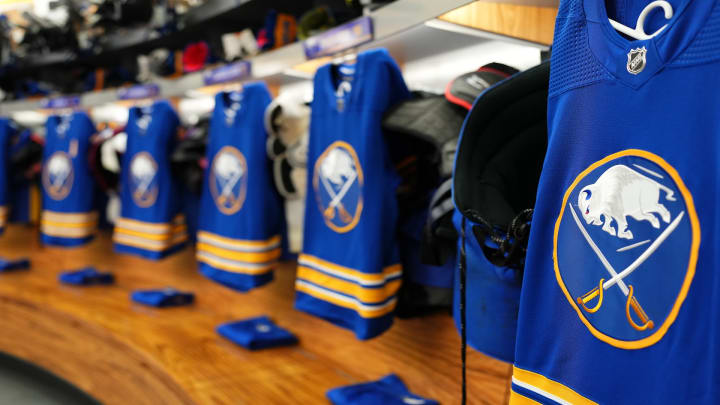 Zoom background of the Sabres locker room showing royal blue home jerseys