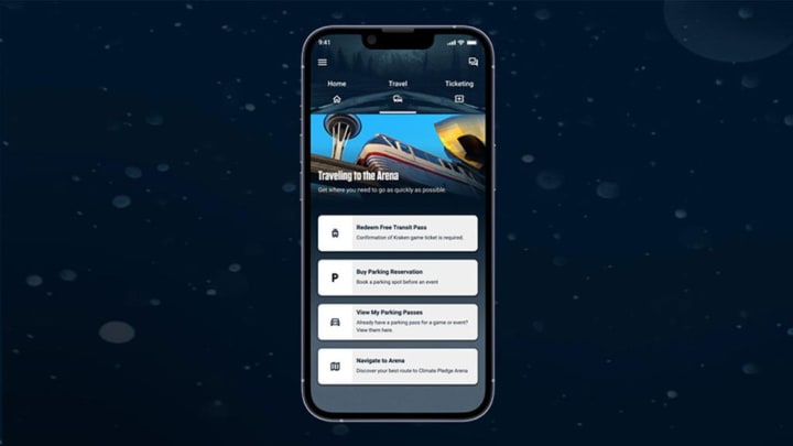 mockup of an iphone over a dark blue brackground. screen on device shows transportation page on kraken app.