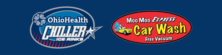 Blue graphic with OhioHealth Chiller Ice Rinks logo to the left and Moo Moo Express Car Wash logo to the right.