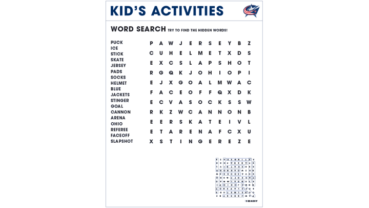Blue Jackets word search page on white background. Large blue text at the top reads Kid's Activities.
