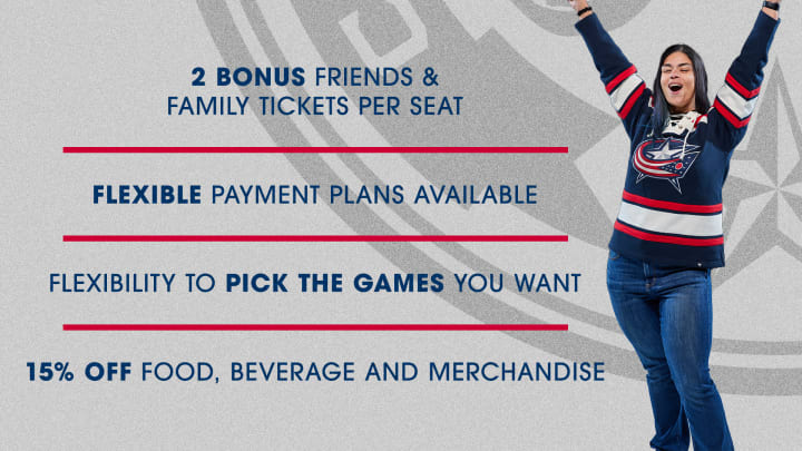 Grey graphic with photo of woman in Blue Jackets hoodie cheering to the right.. Blue text to the left reads: 2 Bonus Friends & Family Tickets per Seat, Flexible Payment Plans Available, Flexibility to Pick the Games You Want, and 15% Off Food, Beverage, and Merchandise.