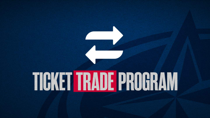 Blue graphic with grey text reading Ticket Trade Program. White icon at top showing two arrows stacked on top of one another pointing opposite ways.
