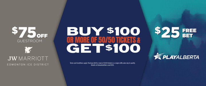 Buy $100 or more in 50/50 tickets and get $75 off at JW Marriott Edmonton ICE District and a $25 free bet from PlayAlberta