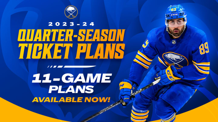 2023-24 quarter season ticket plans graphic with the text '11 game plans available now' and a picture of Alex Tuch