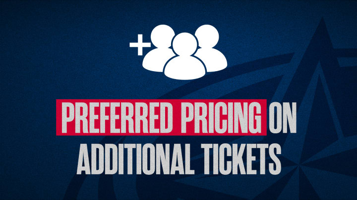 Blue graphic with grey text reading Preferred Pricing on Additional Tickets. White icon at top showing three people and a plus sign.