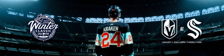 hero image of the winter classic logo, the back of oliver bjorkstrand wearing a kraken winter classic jersey