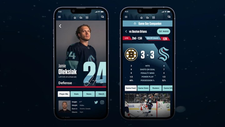 mockup of two iPhones over a dark blue brackground. screen on left device shows profile page of jamie oleksiak. screen on right shows game day compainion page.