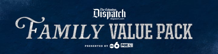 Blue header with Columbus Dispatch Family Value Pack logo. Text and logos reading Presented by ABC6 and FOX 28 is below.