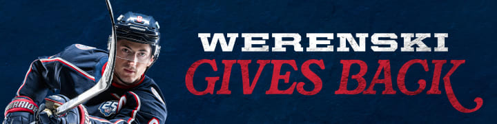 Blue header with grey border. Grey text to the right reads Werenski Gives Back. Photo of Blue Jackets player, Zach Werenski, posing for the camera in Blue Jackets gear to the left.