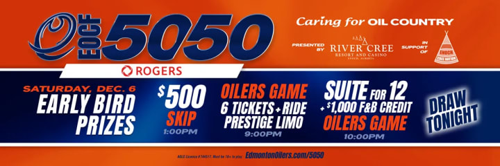 Banner showing the beneficiaries of the current EOCF 50/50 raffle and some early bird prizes.