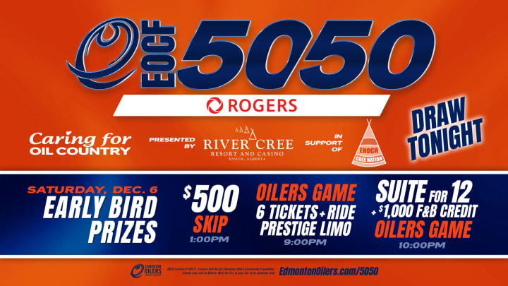 Banner showing the beneficiaries of the current EOCF 50/50 raffle and some early bird prizes.