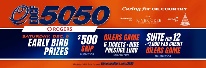 Banner showing the beneficiaries of the current EOCF 50/50 raffle and some early bird prizes.