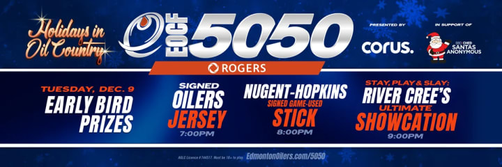 Banner showing the beneficiaries of the current EOCF 50/50 raffle and some early bird prizes.