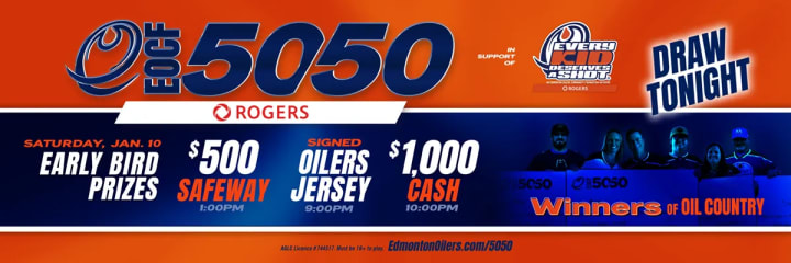 Banner showing the beneficiaries of the current EOCF 50/50 raffle and some early bird prizes.