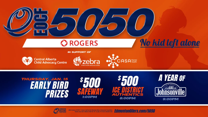 Banner showing the beneficiaries of the current EOCF 50/50 raffle and some early bird prizes.