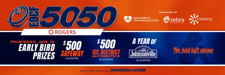 Banner showing the beneficiaries of the current EOCF 50/50 raffle and some early bird prizes.