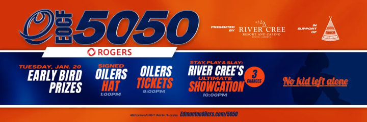 Banner showing the beneficiaries of the current EOCF 50/50 raffle and some early bird prizes.