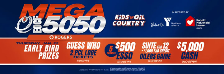 Banner showing the beneficiaries of the current EOCF 50/50 raffle and some early bird prizes.