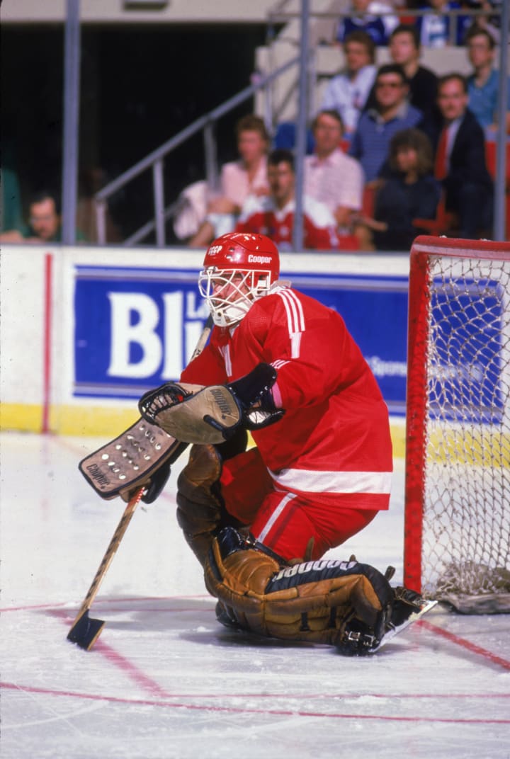 Russian professional hockey player Sergei Mylnikov of the Quebec Nordiques in action as a member of Team USSR on the ice during a game of the Canada Cup tournament, September 1987. (Photo by Bruce Bennett Studios via Getty Images Studios/Getty Images)