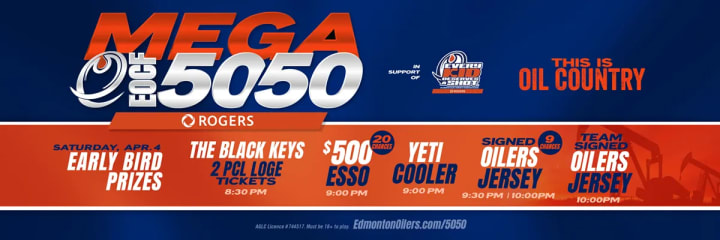 Banner showing the beneficiaries of the current EOCF 50/50 raffle and some early bird prizes.