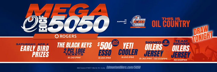 Banner showing the beneficiaries of the current EOCF 50/50 raffle and some early bird prizes.