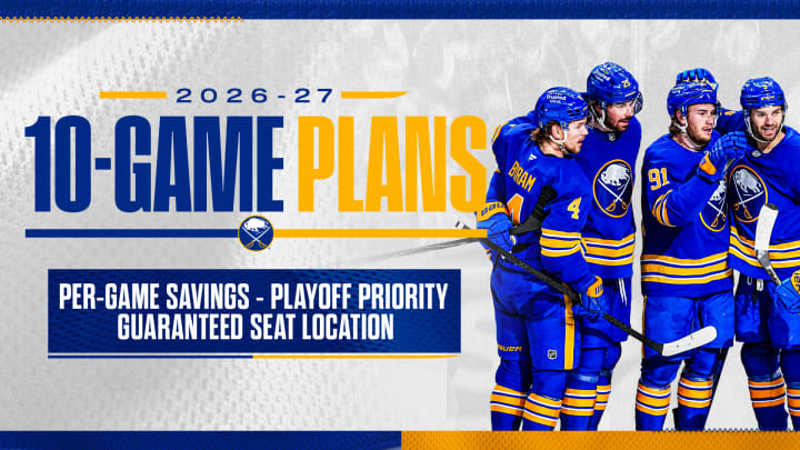 2026-27 10 Game Plans, Per-game savings, playoff priority and guaranteed seat location - Bowen Byram, Owen Power, Josh Doan and Josh Norris pictured