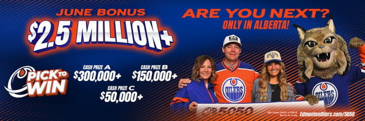 Edmonton Oilers 50/50 promotion banner showing ‘More chances to win’ and ‘Bonus Jackpot $2.3 million+’ with three Oilers players celebrating on the ice, and small print noting 11 jerseys to be won, daily entry bonus, age 18+ requirement, licence details, and the website EdmontonOilers.com/5050 for full terms.